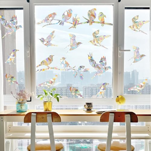 20PCS Prism Birds Branch Window Stickers, Removable PVC Bird Shape Suncatcher Rainbow Window Clings Decals, Static Cling Anti-Collision Stickers Prevent Birds Strikes or Flying in Windows Glass Door