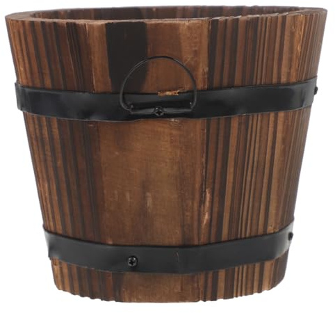 Wooden Flower Pot Small Barrel Planter Coffee for Plants and Flowers | Carbonized Antique Style, Wood and Iron Build, Sturdy Multi Use Piece for Bedrooms and Garden Decor