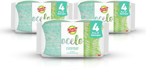 Scotch-Brite ocelo, spugne antigraffio per sfregamento, confezione da 3 (12 spugne in totale), design assortiti, antigraffio, per pentole e piatti antiaderenti, cucina e bagno, spugne riutilizzabili