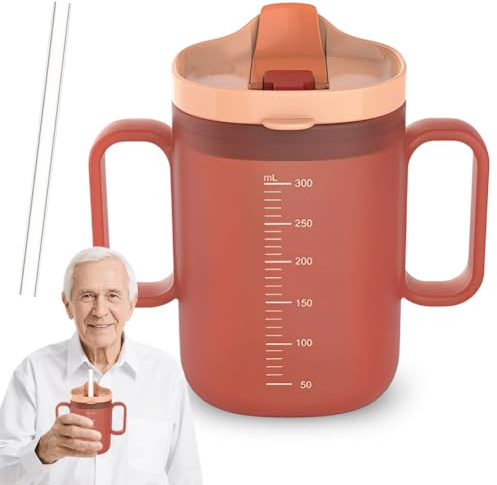 Zinueen Schnabeltasse Senioren 300ml, Schnabelbecher Senioren mit Griff & Deckel, Auslaufsicherer Trinkbecher für Erwachsene, Sippy Cup Adult, 3-in-1 Design (mit Strohhalm)