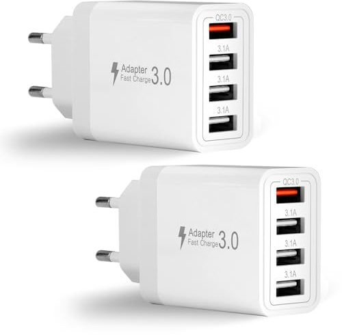 2 Pezzi Caricatore USB Multiplo 33W 4 Porte, Caricabatterie Rapido QC 3.0, Alimentatore USB da Muro per i-Phone, Ga-laxy S21 S10, iPad, HTC, LG e Altri Dispositivi