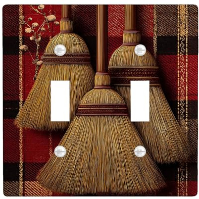 Autumn Broom Light Switch Cover Plates/Outlet Covers, Rustic Red Plaid Design for Home Decor, Thermoplastic Wall Plates, Standard Size Double Toggle