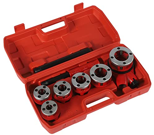 Rohrgewindeschneider Set mit 6 Schneideisen (1/4 bis 1-1/4) - Ratschen-Gewindeschneider für Stahl/Kupfer/Kunststoffrohre, inkl. Kunststoffkoffer (Rot)