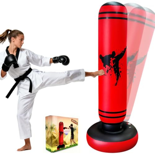 Quintrost Saco de Boxeo Adolescente 14 Años o más, 165cm Saco de Boxeo de Pie, Bolsa de Boxeo Inflable Estable para Karate, Kickboxing, MMA, Regalo Ideal para Adolescente