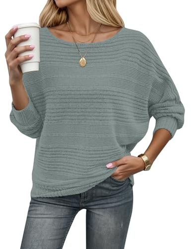 WNEEDU Women's Jumpers Knit Batwing Lightweight Ladies Cozy Fall Sweater | Long sleeve autumn winter tops, boat neck, off the shoulder, casual elegant striped pullover