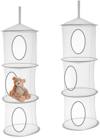 HMCEY 2 Pièces Filet Suspendu Rangement,Peluche Enfant Rangement Jouet Suspendu,Filets Peluche à Suspendre avec 3 Niveaux,Organisateur Suspendre,Range Doudou Mural,Panier de Rangements Maille Pliable
