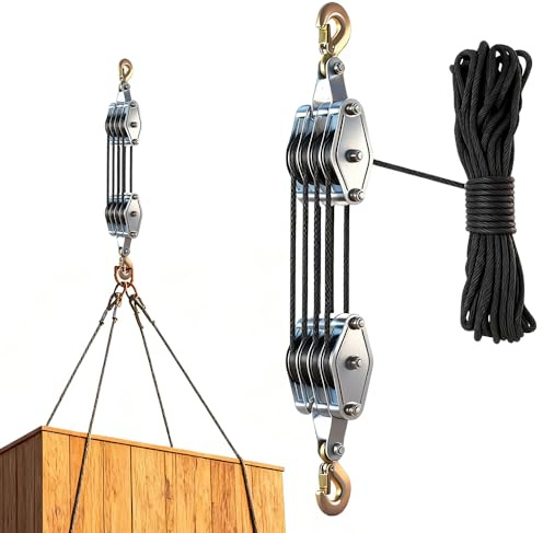 Polipasto Manual, HOVCEH Poleas de Carga Capacidad 2200lbs, Poleas para Cuerda 20m con Gancho de Seguridad, 4 Juegos de Polea Para Obras Industriales, Altura de Elevación 2,5 m