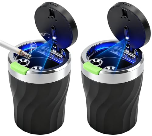Lot de 2 cendriers de voiture portables avec couvercle et LED bleue, sans fumée et anti-odeurs | Lumière LED bleue automatique, couvercle hermétique anti-odeur, ignifuge et résistant à la chaleur pour voiture