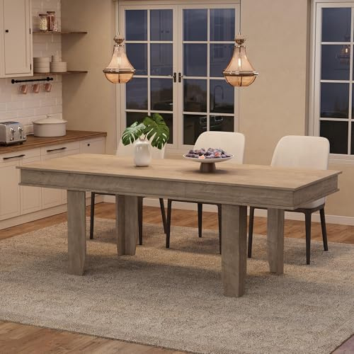 GarveeHome 63 in-86.6 in Extendable Dining Room Table for 6-10, Farmhouse Kitchen Tables w/Wooden Sturdy Frame, Large Rectangular Dinner Table for Dining Room, Kitchen