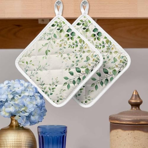 Pot Holders Set of 2, Watercolor Eucalyptus Leaf Plant Potholder for Kitchen Heat-Proof Hot Pads, Rustic Green Leaves on Flax Hot Mats Potholders for Cooking Baking BBQ