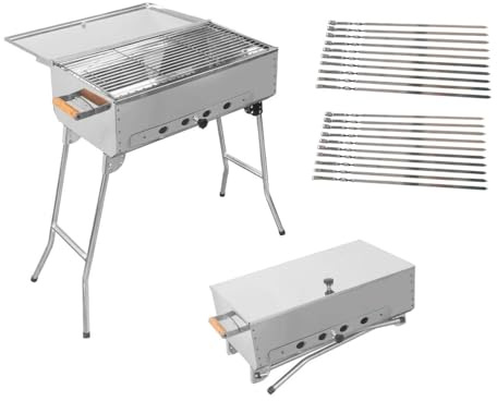 Mangal mit Deckel Holzkohle-Grill aus Edelstahl KLAPPBAR + 20 Spieße 50cm 1,5mm Holzkohlegrill, Portable, Kompakt, BBQ