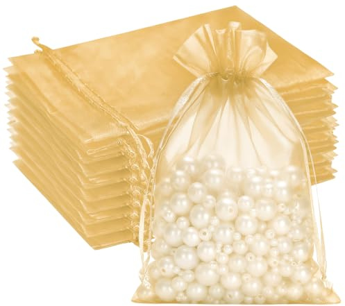 G2PLUS 100 Stück Gold Organzasäckchen 13x18 CM: Groß Geschenk Organzabeutel, Hochzeit Organza-Beutelchen mit Kordelzug Sie als Hochzeit Bonbonsbeutel, Schmuckbeutel, Geschenkbeutel