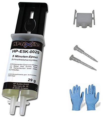 Zwei-Komponenten-Kleber 29g | Kalthärtender 5 Minuten Epoxi-Klebstoff für Metall Holz Gummi Keramik | Lösemittelfrei 2-K Epoxidharz | Doppelspritze HP-E5K + Zusätzliches Ersatzrohr & Handschuhe