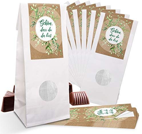 Logbuch-Verlag 10 kleine weiße Blockbodenbeutel lebensmittelecht MIT FENSTER + Banderolen SCHÖN DASS DU DA BIST grün Blätter Gastgeschenk Give-Away Tischdeko Hochzeit 8 x 5 x 24,5 cm
