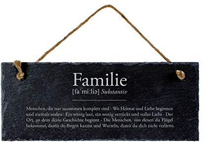 Casa Vivente Schiefertafel mit Gravur, Definition Familie, Türschild und Wanddeko im Landhausstil, Mit Juteband zum Aufhängen, Maße: 25 x 0,5 x 10 cm