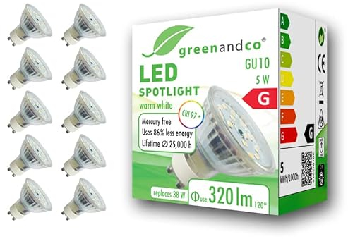 greenandco 10x GU10 LED Spot | 5W 320 lm | 2700K warmweiß | 110° | 230V | CRI 97+ | flimmerfrei | nicht dimmbar