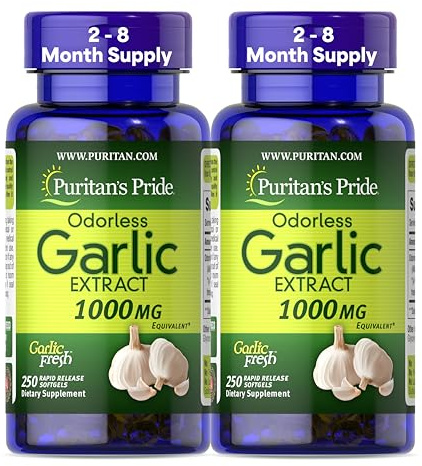 Puritan's Pride Premium Odorless Garlic (1000mg Equivalent), Traditional Dietary Supplement for Heart Health and Circulation Support with Antioxidant Properties, 250 Rapid Release Softgels, 2 Pack