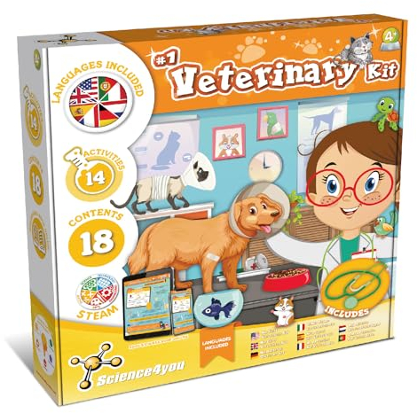 Science4you Primo Kit Veterinario - Kit Medico Ideale per Bambini + 14 Esperimenti Scientifici, Costume da Veterinario + Stetoscopio Giocattolo, Giochi di Ruolo, Regalo per Bambino e Bambina 4 anni