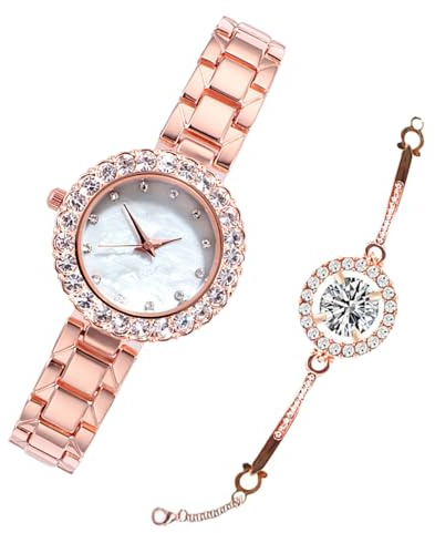 UKCOCO Strassuhr 2 Stück mit Glas und Stahl, Elegante Armbanduhr für Damen | Strassuhr Damen Rosegold, Kratzfeste Uhr mit Bequemem Tragegefühl, Geeignet für Partys