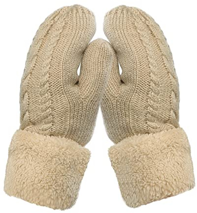 FakeFace Handschuhe Damen Winter Warme Dicke Gestrickt Damen Fausthandschuhe Winterhandschuhe Outdoor, Doppelschicht Fäustlinge Handschuhe mit Plüschfutter für Frauen Mädchen Mutter Tochter Liebhaber