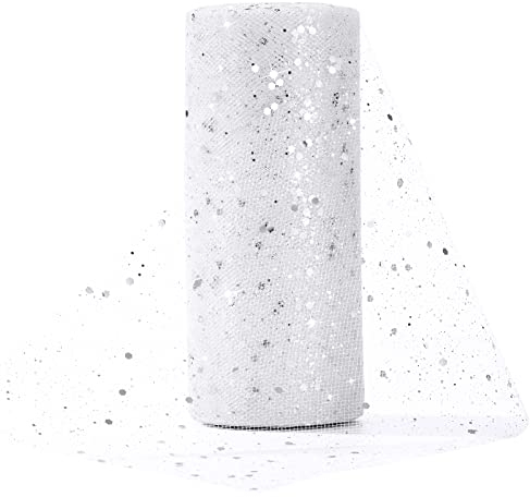 Tüll Stoff 15cm x 25Yards Glitzer Dekostoff Mit Kleine Pailletten Rolle für Hochzeit Party Bankett Deko Handwerk Tischedeko Geschenk Bogen Tüllband Weiß