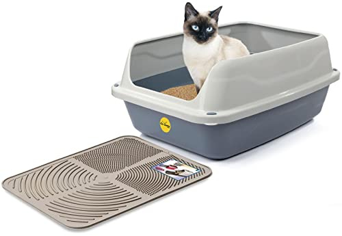 CAT CENTRE Big Grey Open Cat Litter Tray + Cream Mat, XL, High Sides, Deep | Anti-spillage litter box, detachable rim, lowered entry, rounded corners, high-sided pan for adult cats