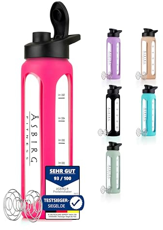 Asbirg Shaker Proteine in Vetro 700 ml – Senza BPA, a Prova di Perdite & Robusto – Shaker per Proteine con Palla Mixer in Vetro Borosilicato – Bottiglia per Frullati e Sport | Rosa