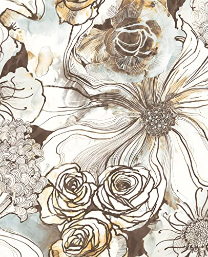NextWall Harry & Grace Ink Rose Abstract Floral Peel and Stick Wallpaper (Mocha & Blue Mist)