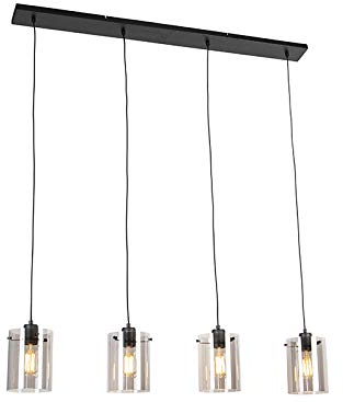 Qazqa - Smart Dining Room I Dining Table Pendant Lamp I Pendant Light Ceiling Black with Smoke Glass incl. 4 WiFi ST64 - Dome- - Design - LED E27 | 4 Light - Glass Pendant Light - Suitable for Livin