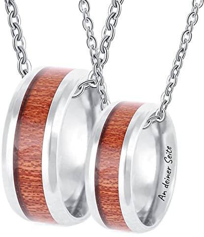 Dsnyu 2PCS Partnerketten Gravur EIN Leben lang An deiner Seite, Holz Einlegen Damen Halskette Band 50CM/ 60CM, Edelstahl Kette Modern Silber