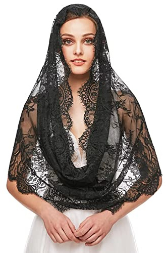 RUNRAYAY Mantilla - Bufanda de velo de iglesia para boda, dama de honor, color negro, forma infinita, bufanda de encaje para mujer