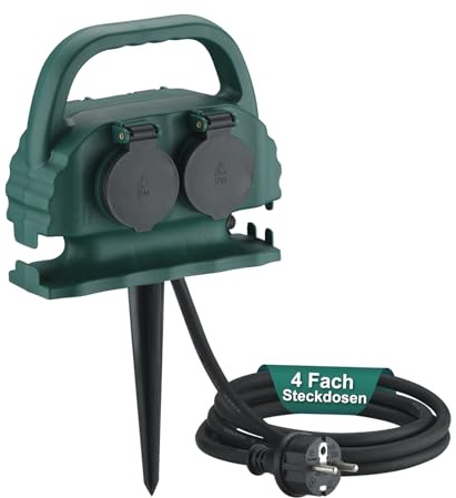 Gartensteckdose 4-Fach IP44 mit Tragegriff und Erdspieß, wasserfeste Außensteckdose mit H07RN-F Gummi Kabel Outdoor 4 x Steckdose Garten Stromverteiler (5m,grün)
