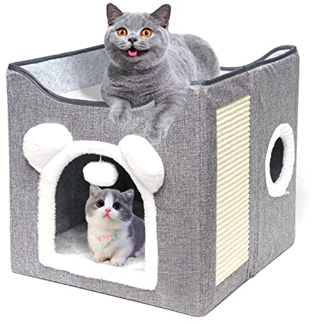 Katzenhaus, Hundehaus, Faltbarer Katzenkorb mit 2 abnehmbaren Kissen, hängendem Ball und Kratzbrett, Katzenhaus, 40 x 40 x 40 cm