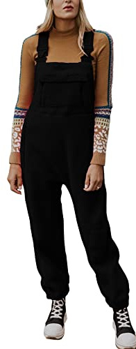 Ebifin Tuta da donna casual, salopette da lavoro, in pile, calda, con tasche., Nero , M