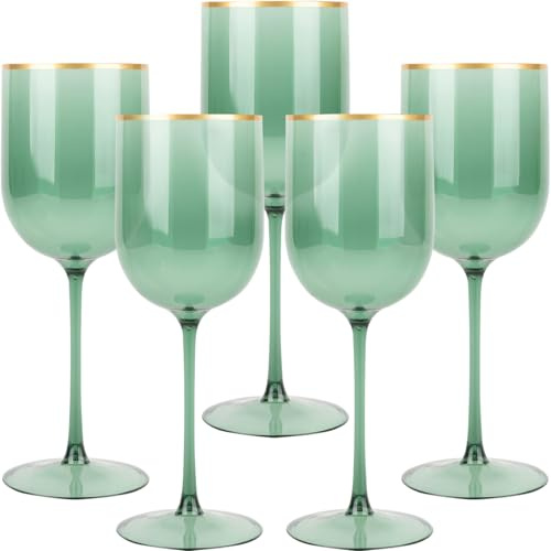 Blue Sky Bicchieri da vino in plastica verde con bordo dorato, 340 g (confezione da 5), riutilizzabili, bicchieri usa e getta per feste ed eventi