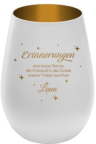 Trauerlicht Gedenklicht für Haustier mit schönem Spruch - Außen Weiß/Innen Gold - Design 2 - personalisierbar mit Name - Höhe 12 cm - Gravur Windlicht Teelichthalter Hund Katze
