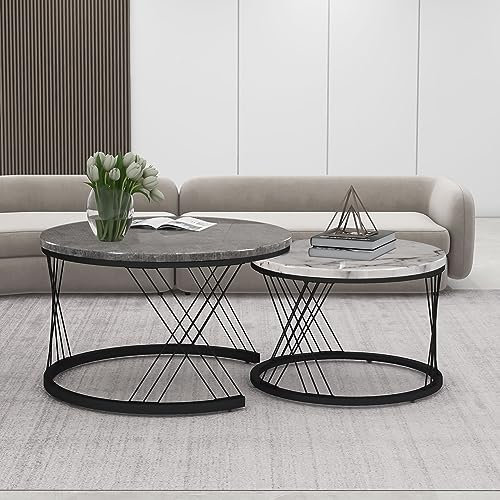 Round Coffee Table,Modern Coffee Table Set of 2 Marble Pattern Top with Metal Frame,Small Side Table, Nesting Tables, End Table, Versatile Side Tables for Living Room,Bedroom,Home Office White&Black