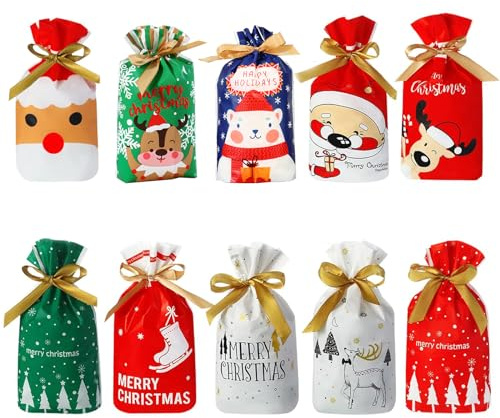 50 Stücke Weihnachten Geschenkbeutel mit Kordelzug,Süßigkeiten Taschen mit Weihnachtsdruck，Geschenkverpackung Weihnachten Tasche,Süssigkeit Weihnachtstüten zum Befüllen,Kekstüten Weihnachten
