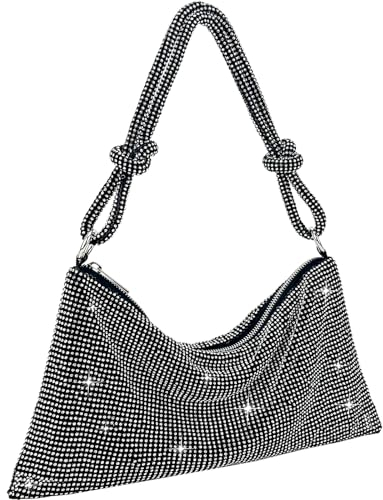 TOPALL Clutch Glitzer Damen,Silber Abendtasche,Handtasche Diamant Tasche Schultertasche Silber mit Reißverschluss, Strasssteine Clutches Brieftaschen Umhängetasche für Party Freizeit Date(A-Schwarz)