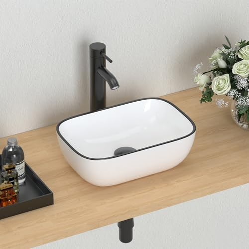 J-FAMILY Modern Bathroom Small Vessel Sink Above Counter Compact Porcelain Ceramic Wash Basin Black Trim Decoration Lavatory Wash Hand Basin,365 x 250 x 115mm