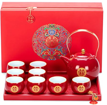 FOTN Chinese Traditional Wedding Tea Set，Red Ceramic Double Happiness KungFu Tea Set 1 Teapot 8 Teacups 1 Square Tea Tray 1 Gift box For Married Couples To Toast Engagement Dowry