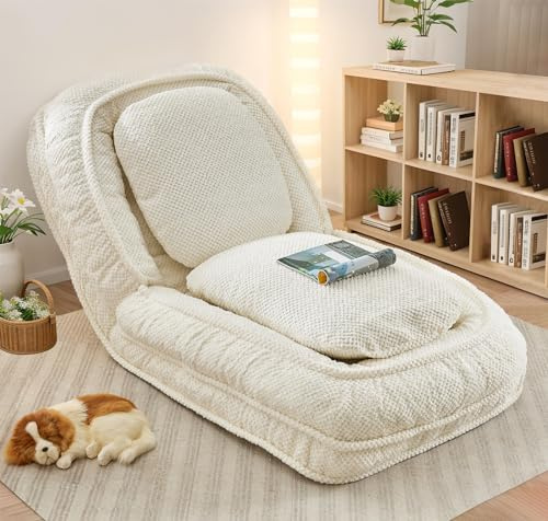 Upholstered Human Dog Bed for Adult & Pets, Convertible Lazy Sofa Bed with 5 Adjustable Position, Comfy Tatami Bean Bag Lounge Chair with 2 Soft Pillows for Bedroom Living Room Office (Beige)