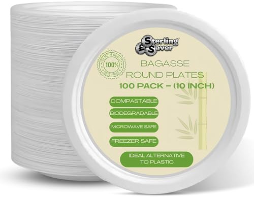 Sterling Saver Super Strong White Paper Plate 10 Inch 100 Pack for Party and Everyday Use | Bagasse Disposable Plates for Dinner and Lunch | Biodegradable and Compostable Eco Friendly Paper Plates