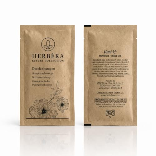 BagnoDoccia Bagnoschiuma Shampoo Gel Confezione 100 pezzi Bustina monodose Monouso da 10 ml Linea HERBERA Natura Prodotto cosmetico per Hotel B6B casa vacanze Shower Gel