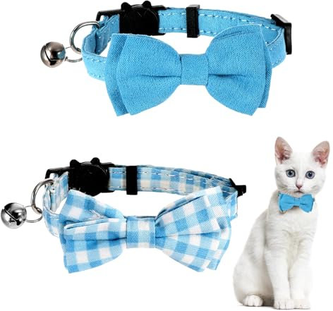 2 Pcs Boy Cat Collar with Bell Breakaway Cat Collars Cute Kitten Bow Tie Collar Adjustable Small Puppy Safety Collar Solid Color Plaid Pet Collar (Blue)