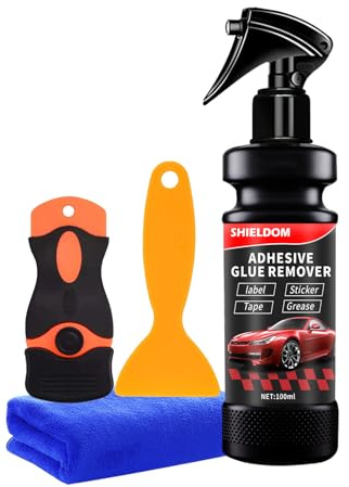 SHIELDOM Adhesive Remover, Dissolve & Soften Adhesives on Car Glass & Paint, Easily Remove Glue Sticker Labels Decals Tape Residue, Portable Spray Removal Set with Scraper, Spatula, Towel -3.4oz/100ml