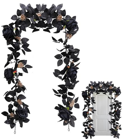 PENGYONBR Schwarze Halloween-Rosengirlande, 175 cm, künstliche Rosenranke mit schwarzen Beeren und Blättern, flexibel, realistisch, lebendige Blumengirlande for Herbst-Thanksgiving-Dekoration/242