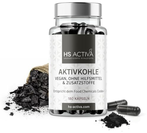 HS Activa Aktivkohle 180 Kapseln bei Durchfall, Blähungen & zur Entgiftung | Kohletabletten, medizinische Kohle aus Holz, Food Chemicals Codex, Darm, Made in Germany