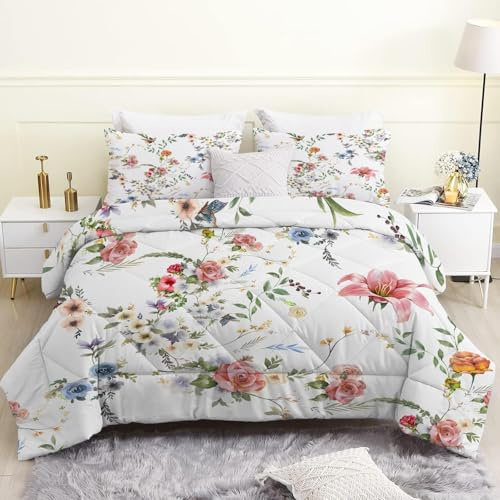 Weiss Bettdecke 135x200 4 Jahreszeiten, Wende Sommerlich Blumig Steppdecke Schlafdecke Bettdecke ohne Bezug Waschbar, Weiche Ganzjahresdecke 135x200 mit 2 Kissenbezug 80x80 cm