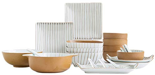 EPOTRDCV Ceramics Dinner Sets, 29 Pieces Yellow d Painted Stripes Porcelain Dinnerware Combination Set | Japanese-Style Retro Cereals Bowls And Steak Plates Sets